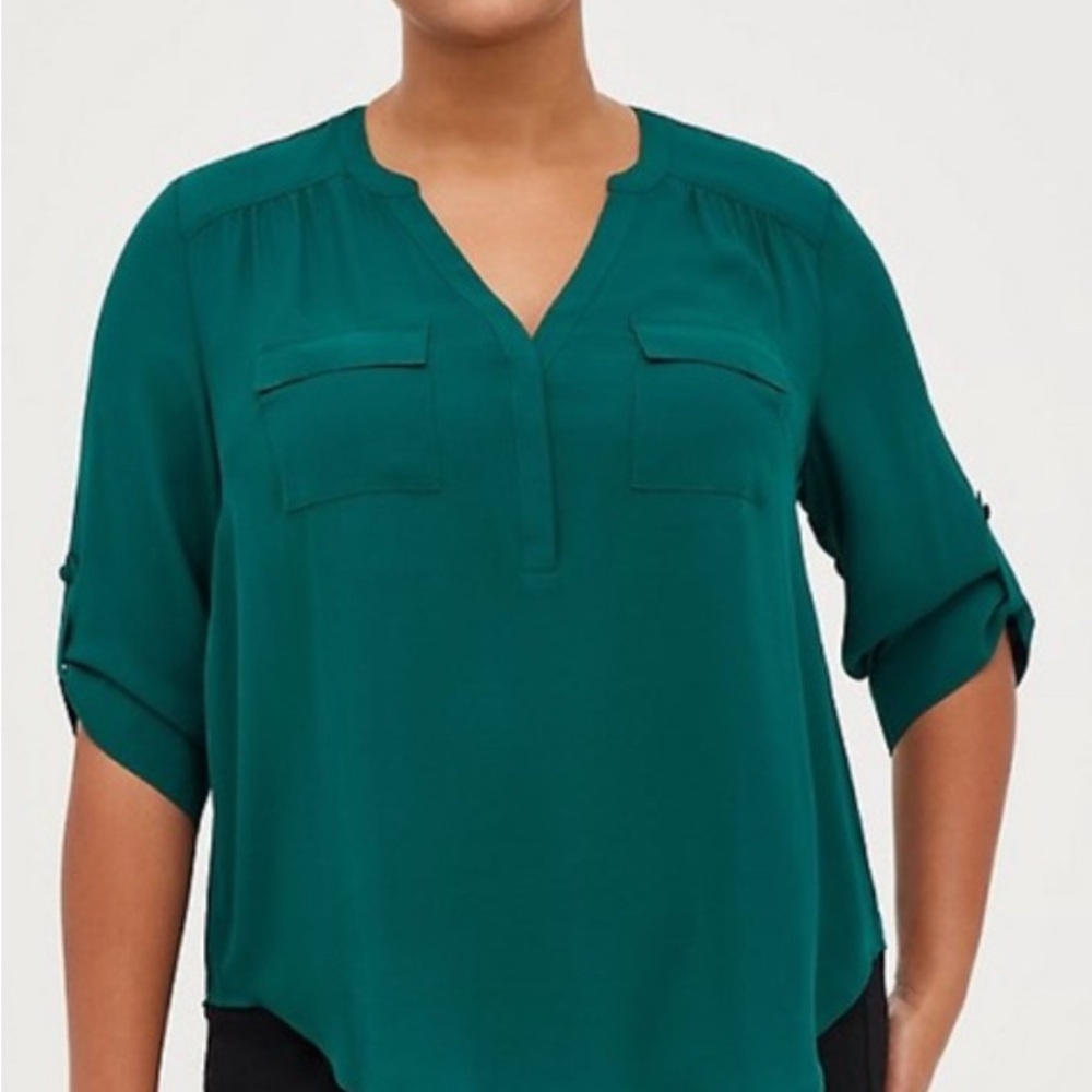 Women's Teal V-Neck Roll-Sleeve Blouse
